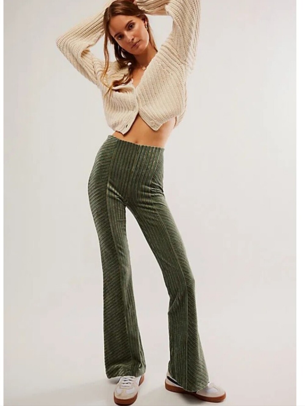 Free People Slim Velvet Flare Pull-on Pants in Laurel Wreath Combo Size XL
